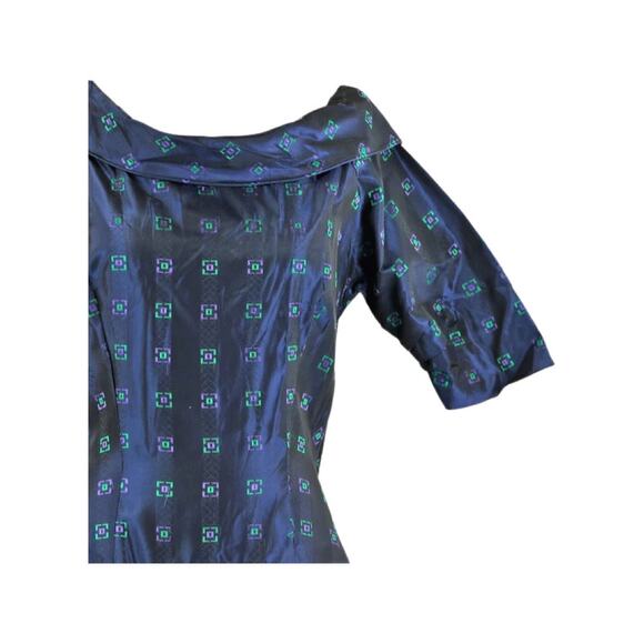 1950s Navy Blue Day Dress Purple Green Geometric Print Size Small - Picture 5 of 14